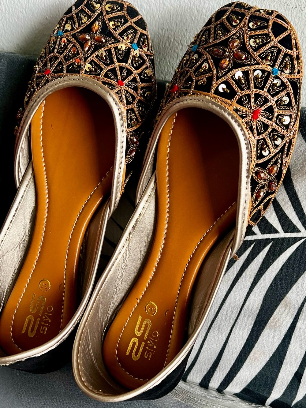 Embellished Gold and Black Women’s Flats
